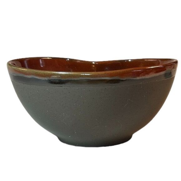 Vintage Grey and Siena Brown Stoneware Kidney Shaped Glazed Bowl - Picture 2 of 8